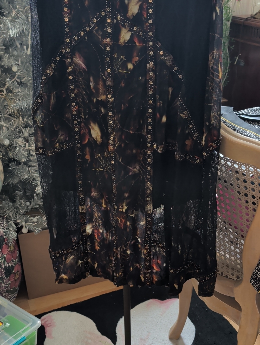 AllSaints Black Sheer Floral Skirt with Stud Detailing. Size 10. Has Half Lining